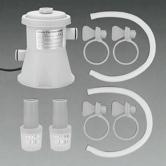 Swimming pool filter pump kit with filter cartridge

Easy-installation pool filtration system with hoses

Pool pump and filter combo for clean water

White filter pump for above-ground pools

Complete pool filtration pump kit with accessories