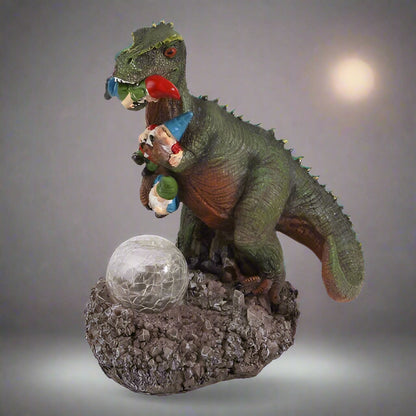 Funny dinosaur garden gnome massacre solar LED light
T-Rex devouring gnomes solar statue for garden decor
Outdoor dinosaur light with solar-powered LED illumination