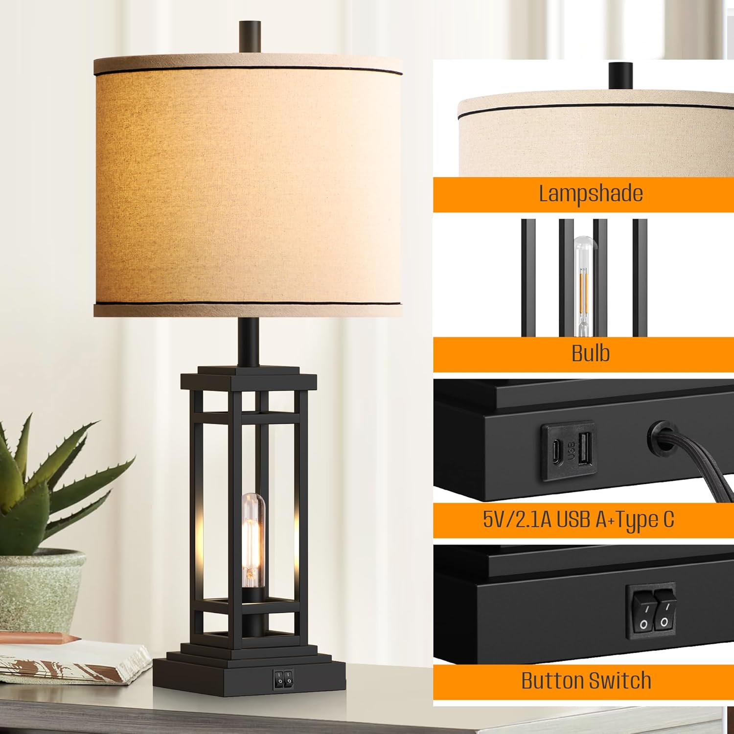 Farmhouse-style bronze table lamp with USB A and C ports

Set of 2 bedside lamps with charging ports and linen shade

Rustic USB table lamp for bedroom or living room

USB-C end table lamp with pull chain and soft lighting

