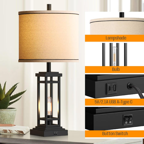 Farmhouse-style bronze table lamp with USB A and C ports

Set of 2 bedside lamps with charging ports and linen shade

Rustic USB table lamp for bedroom or living room

USB-C end table lamp with pull chain and soft lighting

