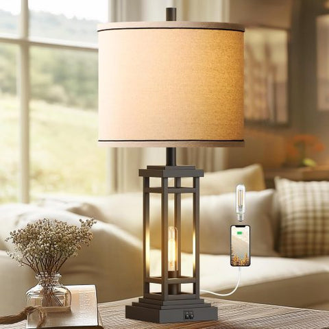 Farmhouse-style bronze table lamp with USB A and C ports

Set of 2 bedside lamps with charging ports and linen shade

Rustic USB table lamp for bedroom or living room

USB-C end table lamp with pull chain and soft lighting

