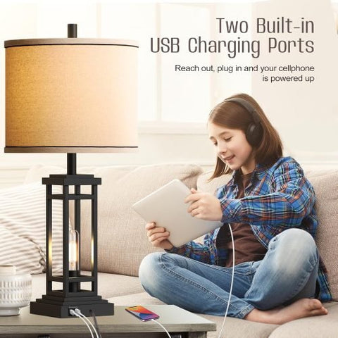 Farmhouse-style bronze table lamp with USB A and C ports

Set of 2 bedside lamps with charging ports and linen shade

Rustic USB table lamp for bedroom or living room

USB-C end table lamp with pull chain and soft lighting

