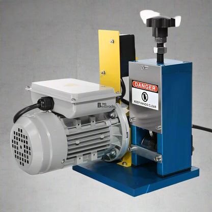 "Electric copper wire stripper AWS25 on tabletop"

"Compact 180W wire stripping machine with cord"

"Side view of AWS25 copper cable stripper"

"Adjustable roller and blade components of AWS25"

"AWS25 electric wire stripper in yellow and blue housing"