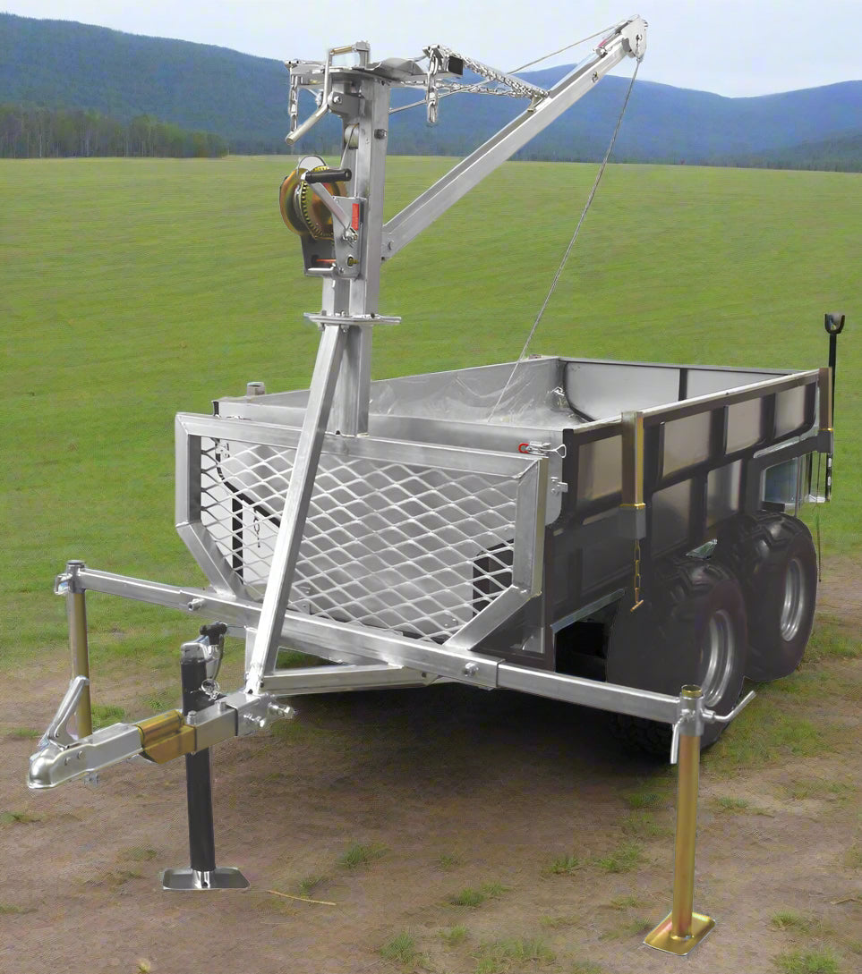 Tandem Axle ATV Off-Road Dump Trailer with Crane and Winch – Model 116501 shown with galvanized dump tub, off-road tires and gear-lifting crane