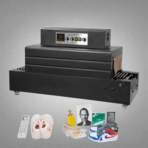 Thermal shrink wrap machine front view – model 112520
Heat tunnel system for shrink packaging – side view
Compact commercial shrink wrap unit with control panel
Quartz tube heat system for shrink wrap films
POF shrink film heat tunnel packing machine