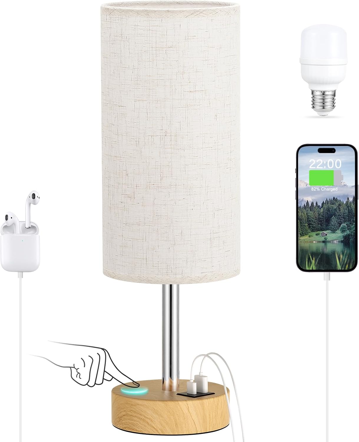 NEW Touch Control Bedside Table Lamp with USB Charging Port Dimmable Night Light White T2674 - with | Sold by Uncle Wiener's Wholesale