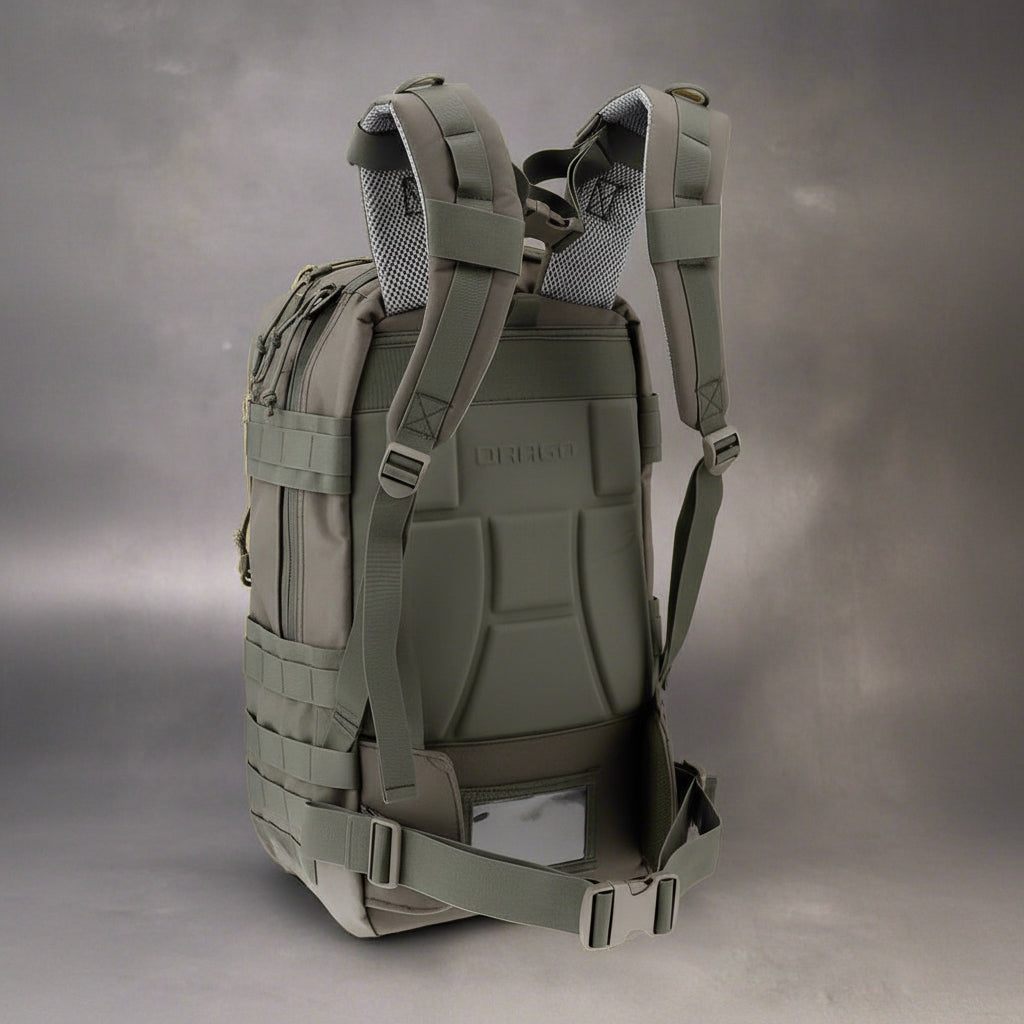 Tracker Tactical Backpack in OD Green – military style with compartments
Side view of tactical backpack with breathable straps and buckles
Tactical backpack opened to show internal pockets and zippers
Outdoor survival backpack with molle system and storage pockets