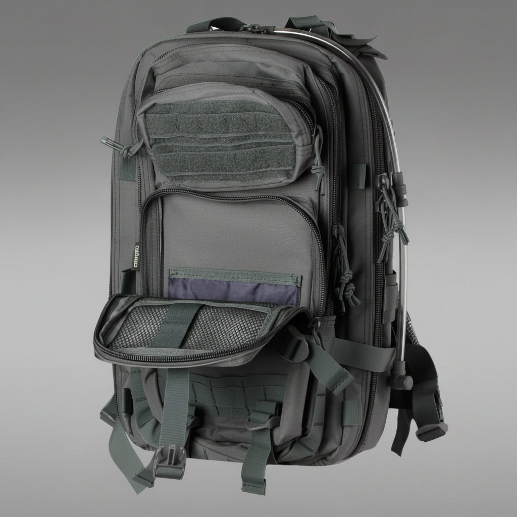 Tracker Tactical Backpack in OD Green – military style with compartments
Side view of tactical backpack with breathable straps and buckles
Tactical backpack opened to show internal pockets and zippers
Outdoor survival backpack with molle system and storage pockets