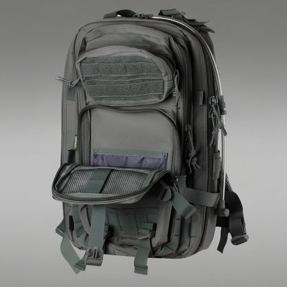 Tracker Tactical Backpack in OD Green – military style with compartments
Side view of tactical backpack with breathable straps and buckles
Tactical backpack opened to show internal pockets and zippers
Outdoor survival backpack with molle system and storage pockets