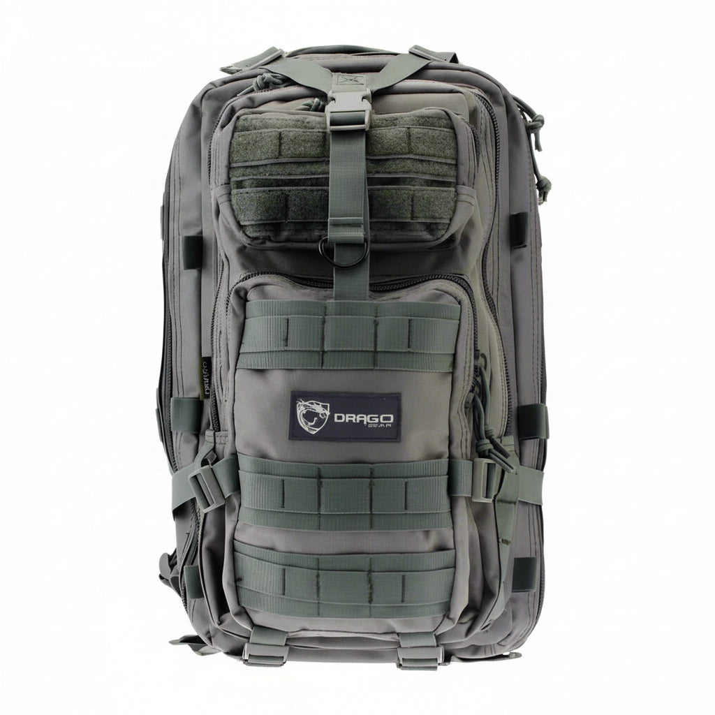 Tracker Tactical Backpack in OD Green – military style with compartments
Side view of tactical backpack with breathable straps and buckles
Tactical backpack opened to show internal pockets and zippers
Outdoor survival backpack with molle system and storage pockets