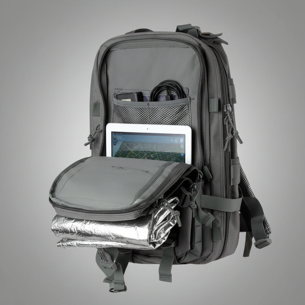 Tracker Tactical Backpack in OD Green – military style with compartments
Side view of tactical backpack with breathable straps and buckles
Tactical backpack opened to show internal pockets and zippers
Outdoor survival backpack with molle system and storage pockets