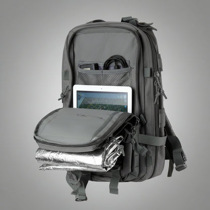 Tracker Tactical Backpack in OD Green – military style with compartments
Side view of tactical backpack with breathable straps and buckles
Tactical backpack opened to show internal pockets and zippers
Outdoor survival backpack with molle system and storage pockets
