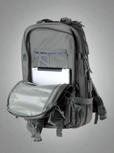 Tracker Tactical Backpack in OD Green – military style with compartments
Side view of tactical backpack with breathable straps and buckles
Tactical backpack opened to show internal pockets and zippers
Outdoor survival backpack with molle system and storage pockets
