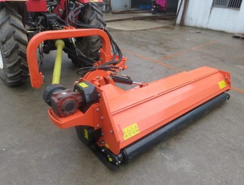 Heavy-duty PTO flail mower for tractors – 71 inch cutting width
BCR180 3-point flail mower side view – orange color
Tractor-mounted flail mower – cutting field grass
PTO flail mower attachment with hydraulic side shift and rotor housing