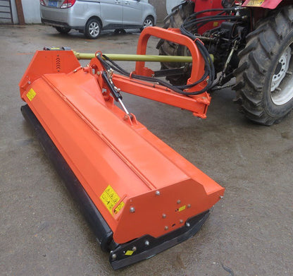 Heavy-duty PTO flail mower for tractors – 71 inch cutting width
BCR180 3-point flail mower side view – orange color
Tractor-mounted flail mower – cutting field grass
PTO flail mower attachment with hydraulic side shift and rotor housing
