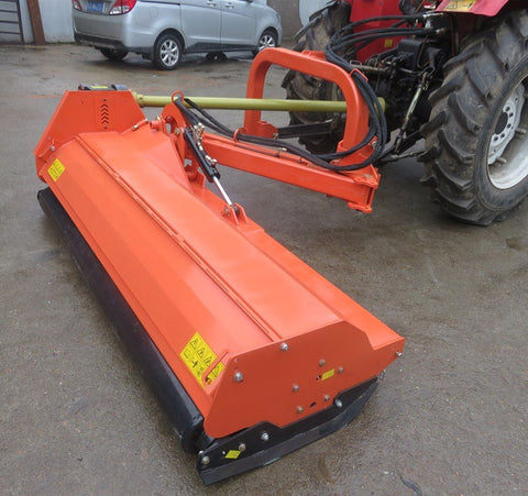 Heavy-duty PTO flail mower for tractors – 71 inch cutting width
BCR180 3-point flail mower side view – orange color
Tractor-mounted flail mower – cutting field grass
PTO flail mower attachment with hydraulic side shift and rotor housing
