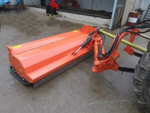Heavy-duty PTO flail mower for tractors – 71 inch cutting width
BCR180 3-point flail mower side view – orange color
Tractor-mounted flail mower – cutting field grass
PTO flail mower attachment with hydraulic side shift and rotor housing