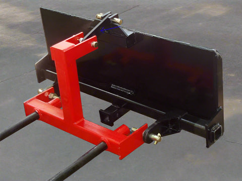 HLA67 skid steer to 3-point hitch plate – front angle
Rear view of 3-point skid steer adapter with lift arms
Close-up of 2" trailer receiver hitch on adapter plate
Side profile of Category 1 & 2 compatible plate
Adjustable lift arms and steel plate design