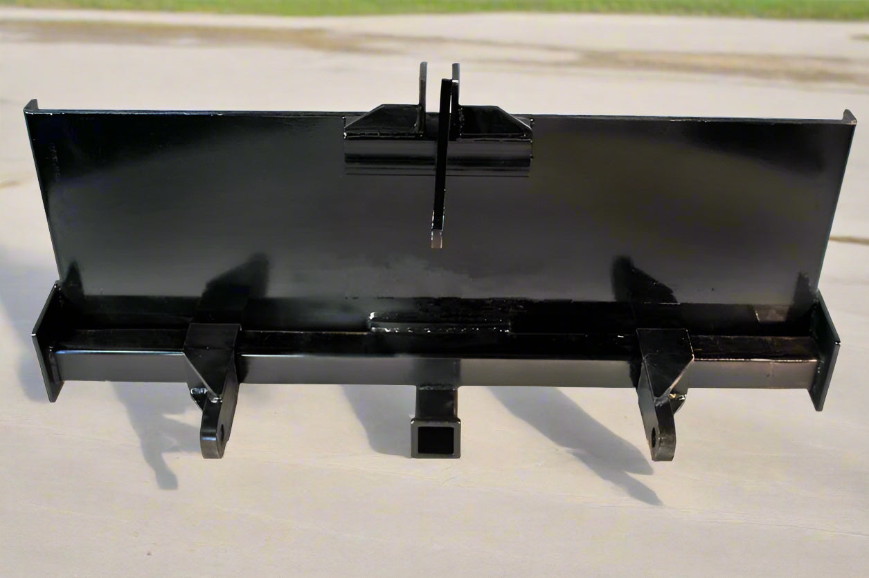 HLA67 skid steer to 3-point hitch plate – front angle
Rear view of 3-point skid steer adapter with lift arms
Close-up of 2" trailer receiver hitch on adapter plate
Side profile of Category 1 & 2 compatible plate
Adjustable lift arms and steel plate design