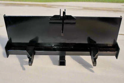 HLA67 skid steer to 3-point hitch plate – front angle
Rear view of 3-point skid steer adapter with lift arms
Close-up of 2" trailer receiver hitch on adapter plate
Side profile of Category 1 & 2 compatible plate
Adjustable lift arms and steel plate design