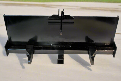 HLA67 skid steer to 3-point hitch plate – front angle
Rear view of 3-point skid steer adapter with lift arms
Close-up of 2" trailer receiver hitch on adapter plate
Side profile of Category 1 & 2 compatible plate
Adjustable lift arms and steel plate design
