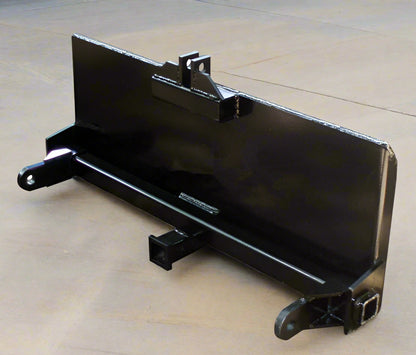 HLA67 skid steer to 3-point hitch plate – front angle
Rear view of 3-point skid steer adapter with lift arms
Close-up of 2" trailer receiver hitch on adapter plate
Side profile of Category 1 & 2 compatible plate
Adjustable lift arms and steel plate design