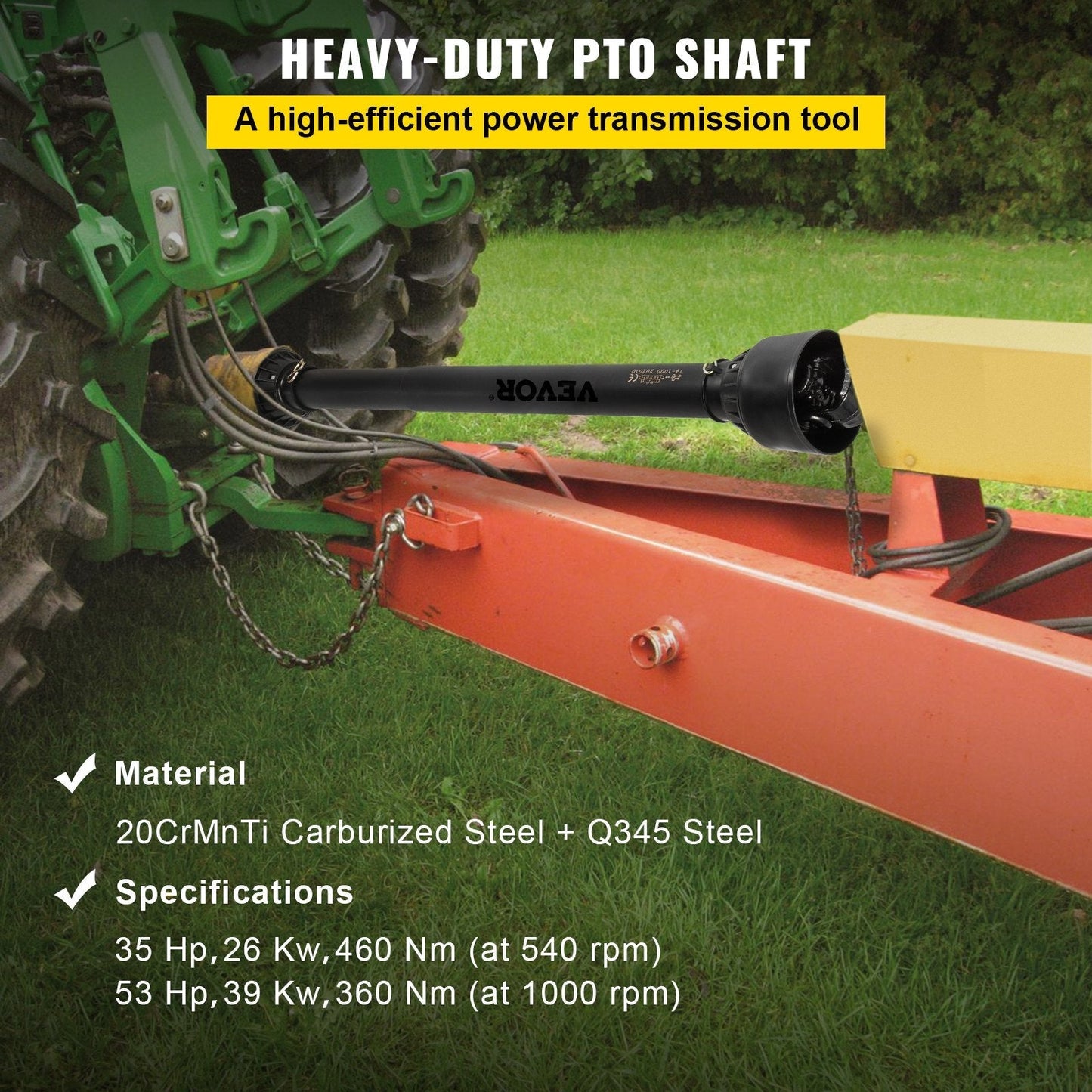 Yellow Series 4 PTO shaft with 6-spline ends and safety cover – isolated view
Diagram showing PTO shaft specs and torque performance
PTO shaft installed on orange tractor with mower attachment
Detailed view of 6-spline and round-end connectors on PTO shaft