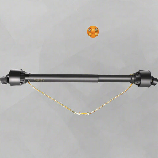 Yellow Series 4 PTO shaft with 6-spline ends and safety cover – isolated view
Diagram showing PTO shaft specs and torque performance
PTO shaft installed on orange tractor with mower attachment
Detailed view of 6-spline and round-end connectors on PTO shaft