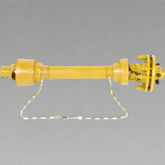 Yellow Series 4 PTO shaft with 6-spline ends and safety cover – isolated view
Diagram showing PTO shaft specs and torque performance
PTO shaft installed on orange tractor with mower attachment
Detailed view of 6-spline and round-end connectors on PTO shaft
