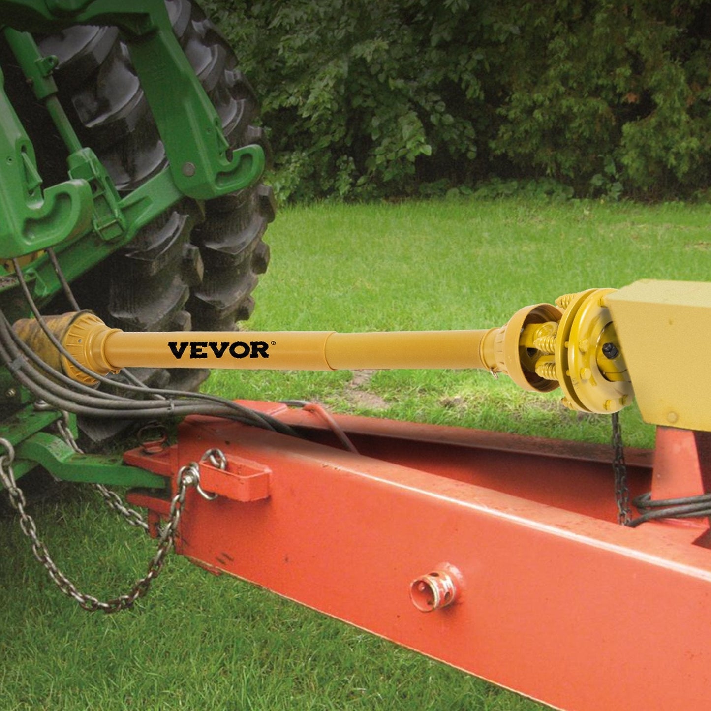 Yellow Series 4 PTO shaft with 6-spline ends and safety cover – isolated view
Diagram showing PTO shaft specs and torque performance
PTO shaft installed on orange tractor with mower attachment
Detailed view of 6-spline and round-end connectors on PTO shaft