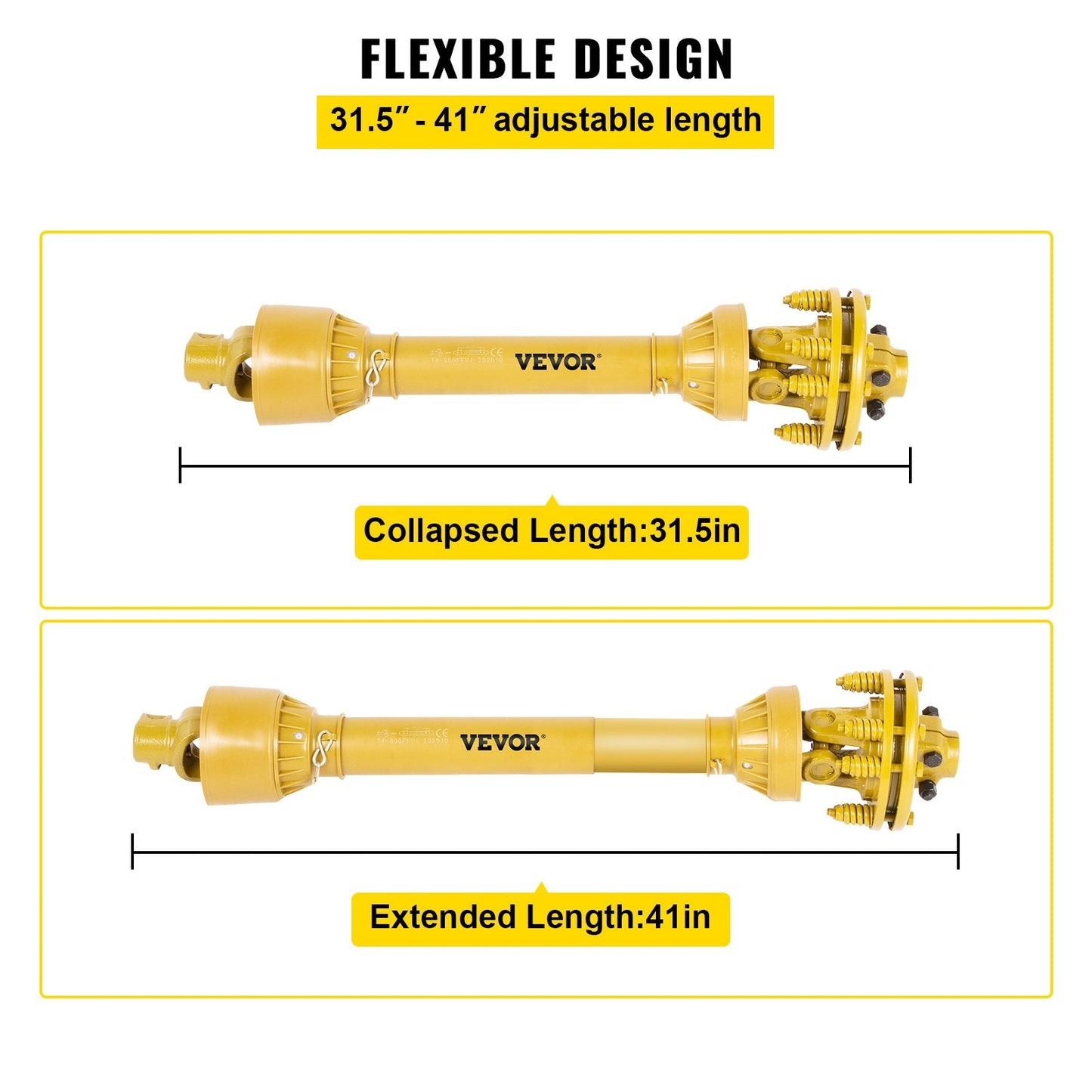 Yellow Series 4 PTO shaft with 6-spline ends and safety cover – isolated view
Diagram showing PTO shaft specs and torque performance
PTO shaft installed on orange tractor with mower attachment
Detailed view of 6-spline and round-end connectors on PTO shaft