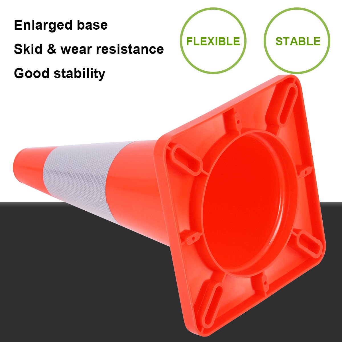 Orange 18 inch traffic cone with reflective ring
Base view of stackable PVC road safety cone
Set of traffic cones lined up on construction site
High-visibility reflective safety cone (28 inch)
Side view of TTC218 and TTC228 traffic cones