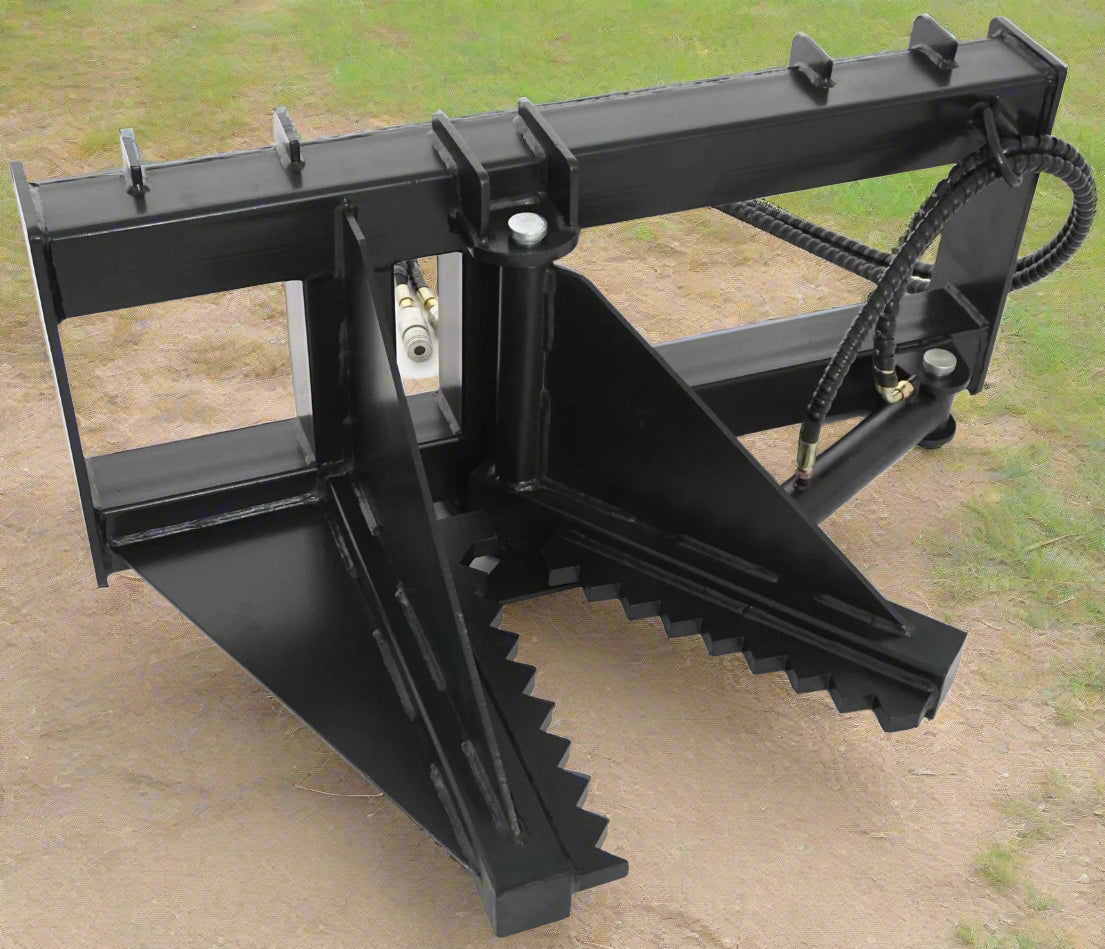 Tree and fence post puller attached to a skid steer
Side view of post puller showing steel jaws and hydraulic cylinder
Top-down view of post puller with open clamp
Puller in action removing small tree from ground
Compact and rugged post puller for skid steer