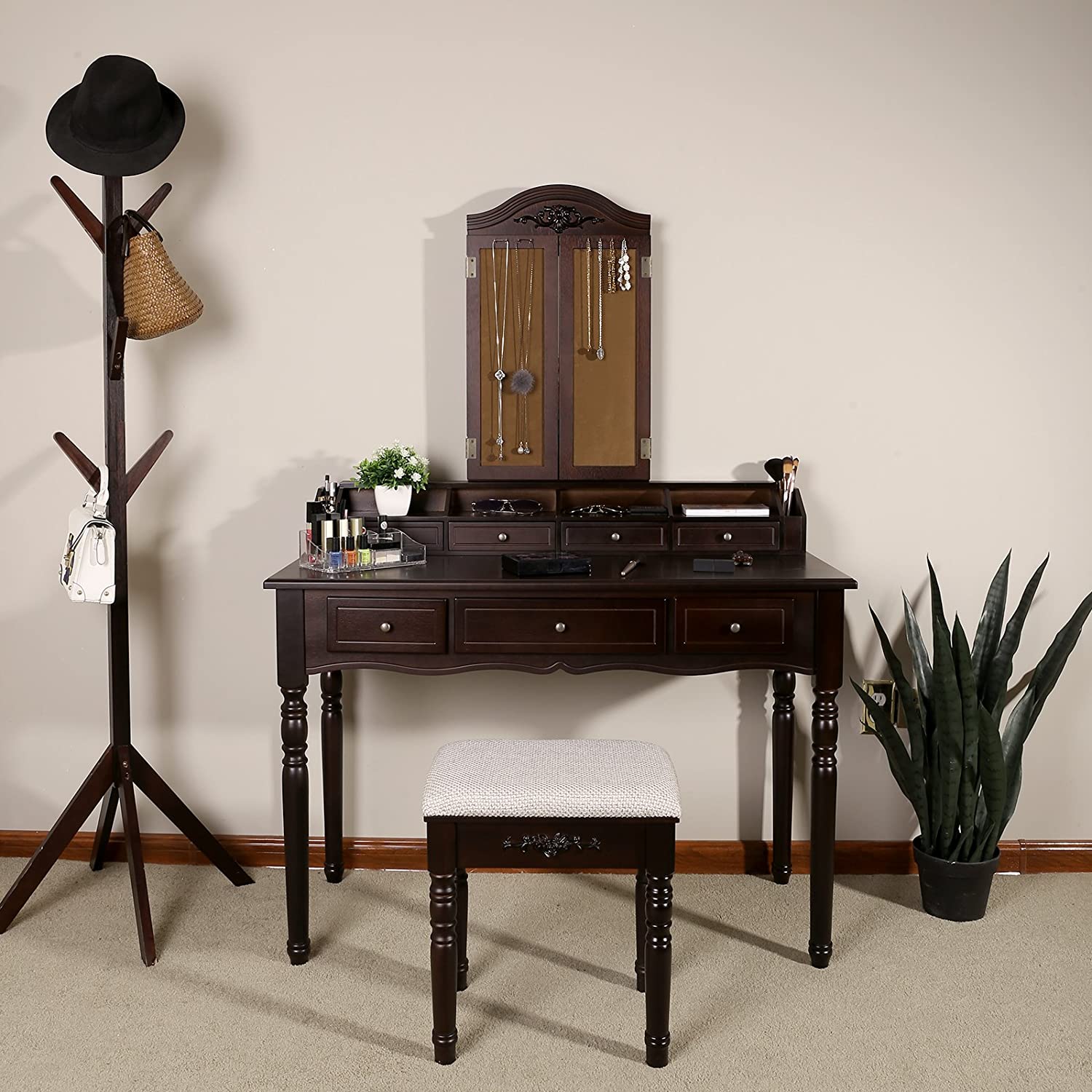 espresso vanity set with tri-fold mirror and stool
white 7-drawer makeup dressing table
vanity table with jewelry hooks
makeup table with stool and drawers
elegant vanity furniture for bedrooms