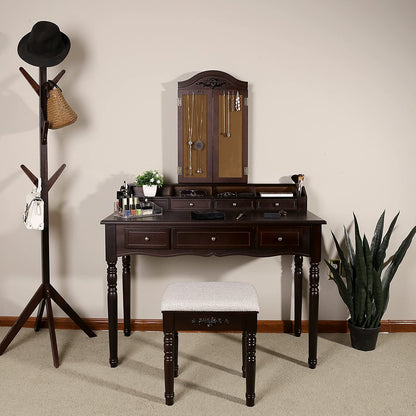 espresso vanity set with tri-fold mirror and stool
white 7-drawer makeup dressing table
vanity table with jewelry hooks
makeup table with stool and drawers
elegant vanity furniture for bedrooms