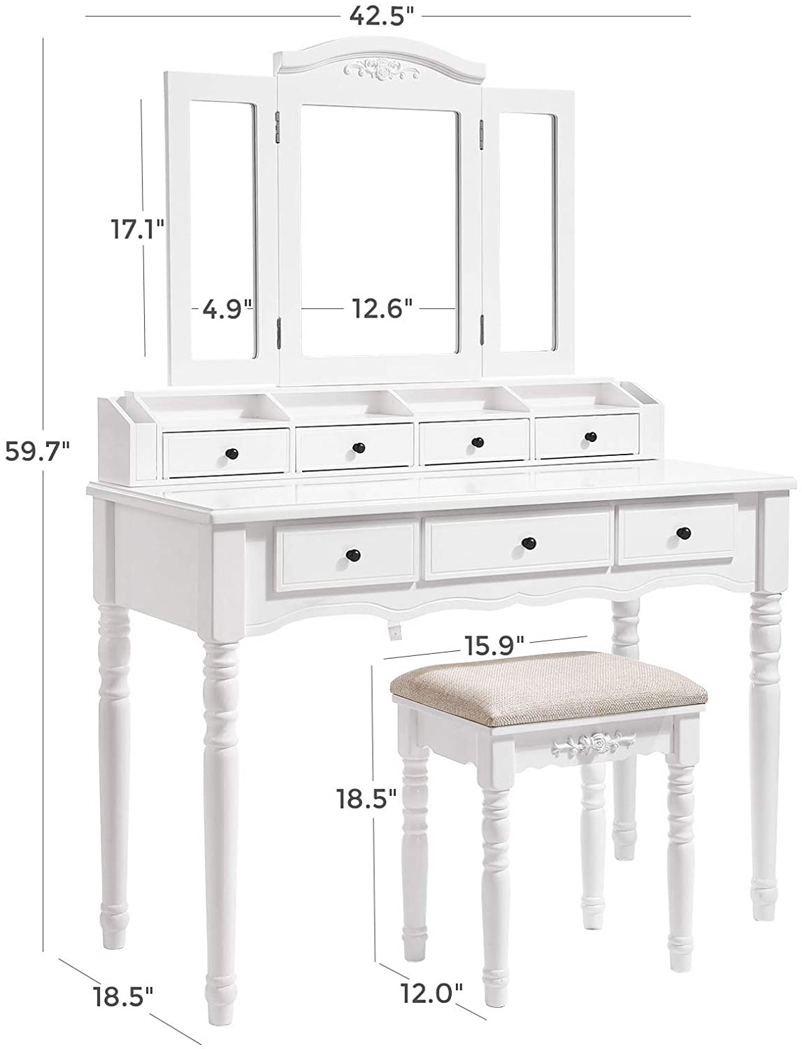 espresso vanity set with tri-fold mirror and stool
white 7-drawer makeup dressing table
vanity table with jewelry hooks
makeup table with stool and drawers
elegant vanity furniture for bedrooms