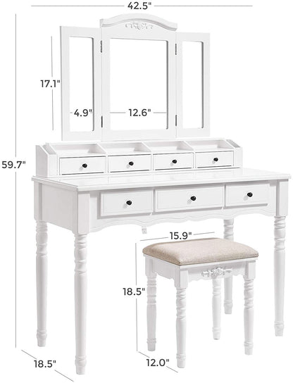 espresso vanity set with tri-fold mirror and stool
white 7-drawer makeup dressing table
vanity table with jewelry hooks
makeup table with stool and drawers
elegant vanity furniture for bedrooms
