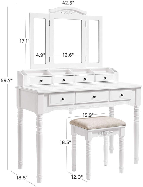 espresso vanity set with tri-fold mirror and stool
white 7-drawer makeup dressing table
vanity table with jewelry hooks
makeup table with stool and drawers
elegant vanity furniture for bedrooms