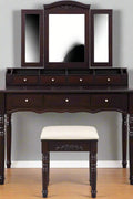 espresso vanity set with tri-fold mirror and stool
white 7-drawer makeup dressing table
vanity table with jewelry hooks
makeup table with stool and drawers
elegant vanity furniture for bedrooms