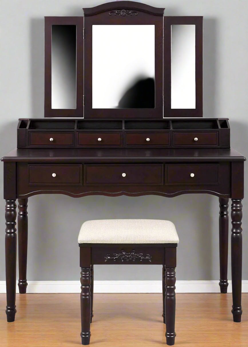 espresso vanity set with tri-fold mirror and stool
white 7-drawer makeup dressing table
vanity table with jewelry hooks
makeup table with stool and drawers
elegant vanity furniture for bedrooms
