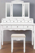espresso vanity set with tri-fold mirror and stool
white 7-drawer makeup dressing table
vanity table with jewelry hooks
makeup table with stool and drawers
elegant vanity furniture for bedrooms