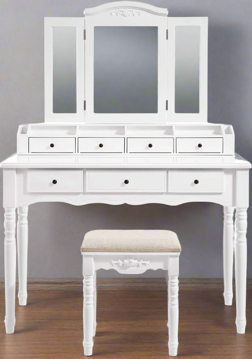 espresso vanity set with tri-fold mirror and stool
white 7-drawer makeup dressing table
vanity table with jewelry hooks
makeup table with stool and drawers
elegant vanity furniture for bedrooms