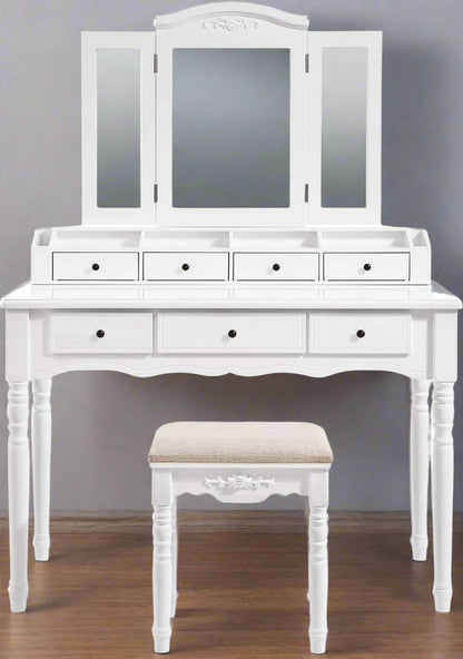 espresso vanity set with tri-fold mirror and stool
white 7-drawer makeup dressing table
vanity table with jewelry hooks
makeup table with stool and drawers
elegant vanity furniture for bedrooms