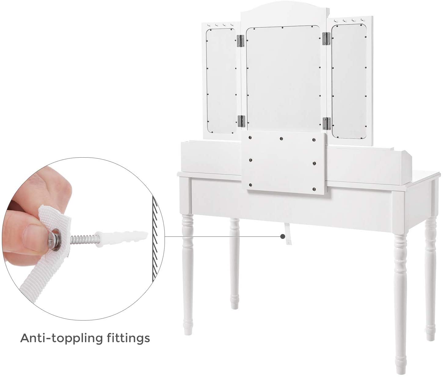 espresso vanity set with tri-fold mirror and stool
white 7-drawer makeup dressing table
vanity table with jewelry hooks
makeup table with stool and drawers
elegant vanity furniture for bedrooms