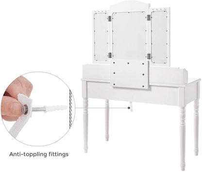 espresso vanity set with tri-fold mirror and stool
white 7-drawer makeup dressing table
vanity table with jewelry hooks
makeup table with stool and drawers
elegant vanity furniture for bedrooms