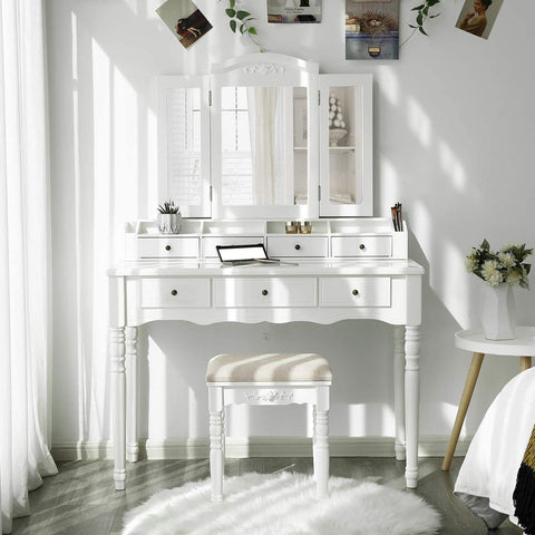 espresso vanity set with tri-fold mirror and stool
white 7-drawer makeup dressing table
vanity table with jewelry hooks
makeup table with stool and drawers
elegant vanity furniture for bedrooms