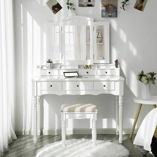espresso vanity set with tri-fold mirror and stool
white 7-drawer makeup dressing table
vanity table with jewelry hooks
makeup table with stool and drawers
elegant vanity furniture for bedrooms