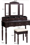espresso vanity set with tri-fold mirror and stool
white 7-drawer makeup dressing table
vanity table with jewelry hooks
makeup table with stool and drawers
elegant vanity furniture for bedrooms