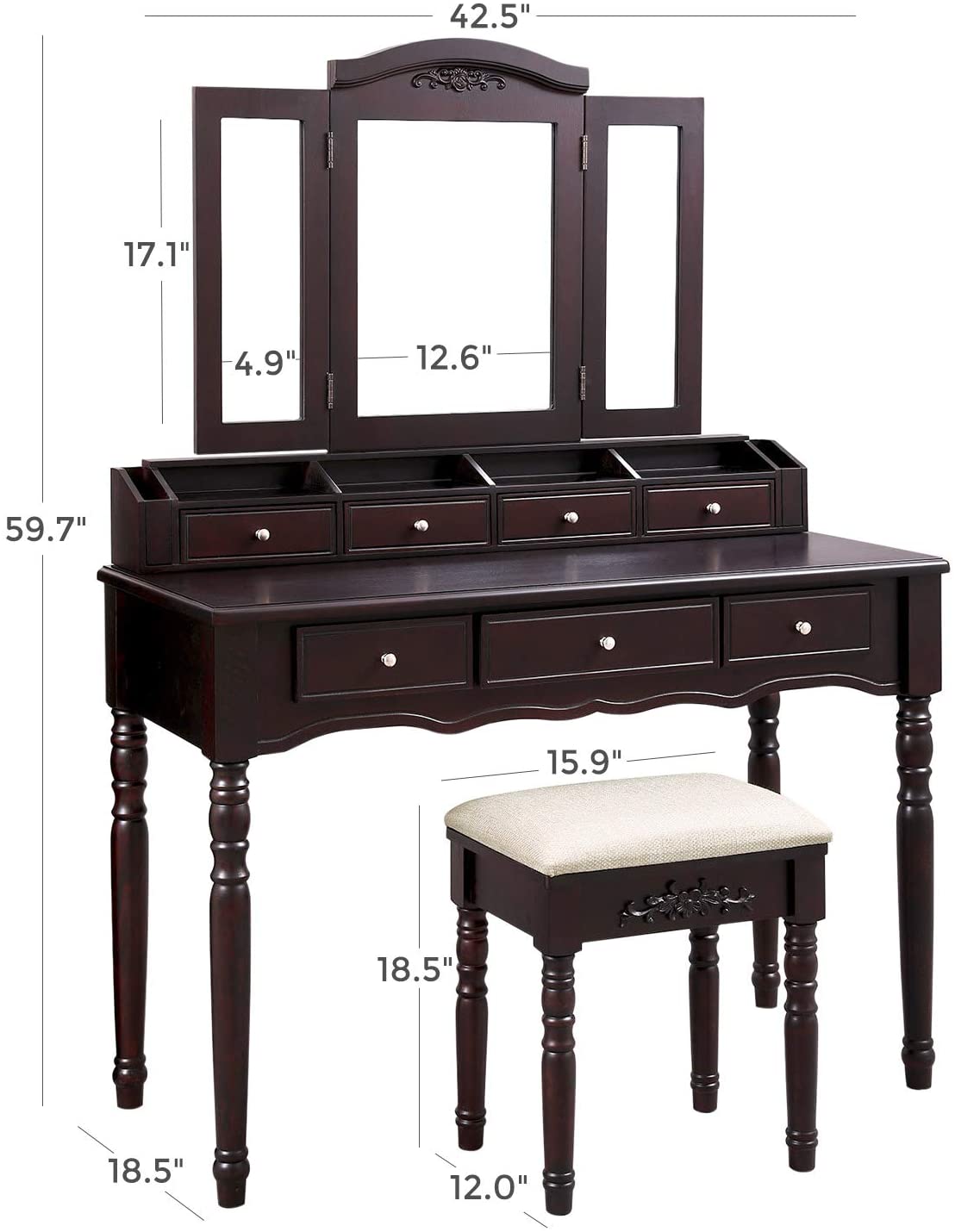 espresso vanity set with tri-fold mirror and stool
white 7-drawer makeup dressing table
vanity table with jewelry hooks
makeup table with stool and drawers
elegant vanity furniture for bedrooms