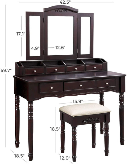 espresso vanity set with tri-fold mirror and stool
white 7-drawer makeup dressing table
vanity table with jewelry hooks
makeup table with stool and drawers
elegant vanity furniture for bedrooms